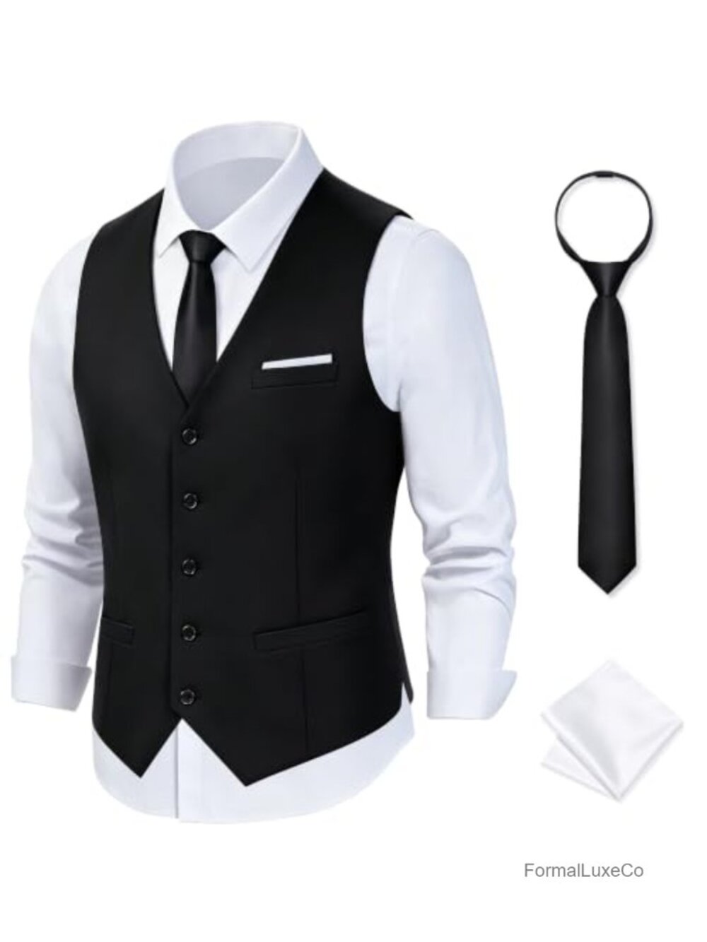 Mens Slim Fit V-Neck Suit Vest with Tie & Pocket Square Set